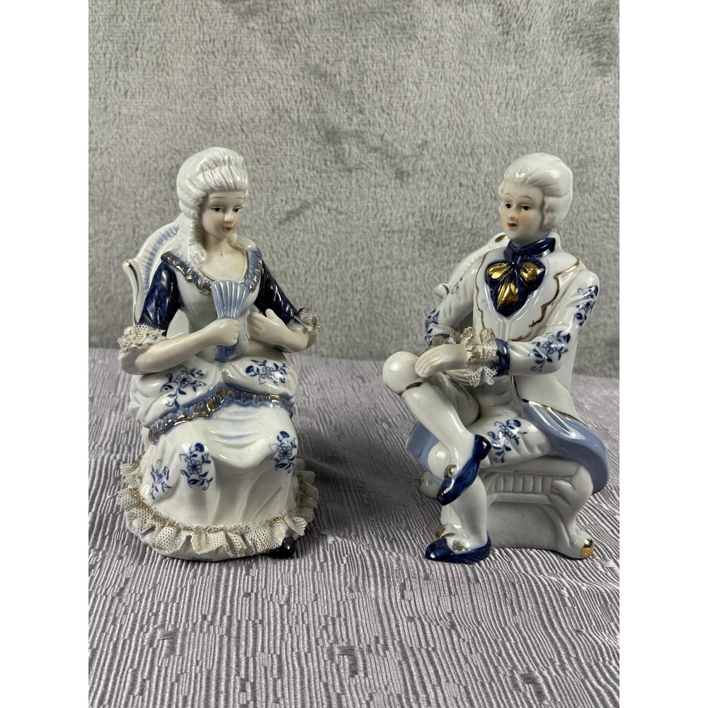 Unmarked Japan Rococo Couple Porcelain Figurine Set White Blue Medium Lace